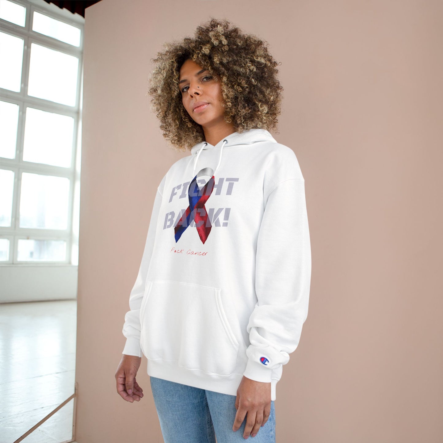 Champion branded, "Fight Back!" F*ck Cancer | Vernett Rose Haiti edition | Cancer Awareness Ribbon Pullover
