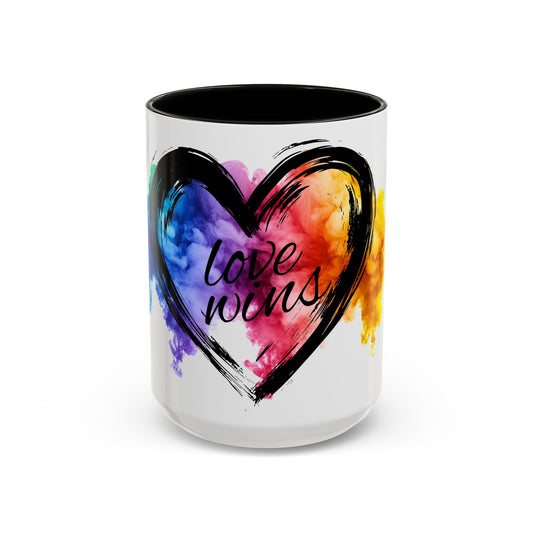 Love Wins Coffee Mug - Colorful Heart Design, Perfect for Gifts, Pride Celebrations, Inspirational Quotes, Home or Office Decor