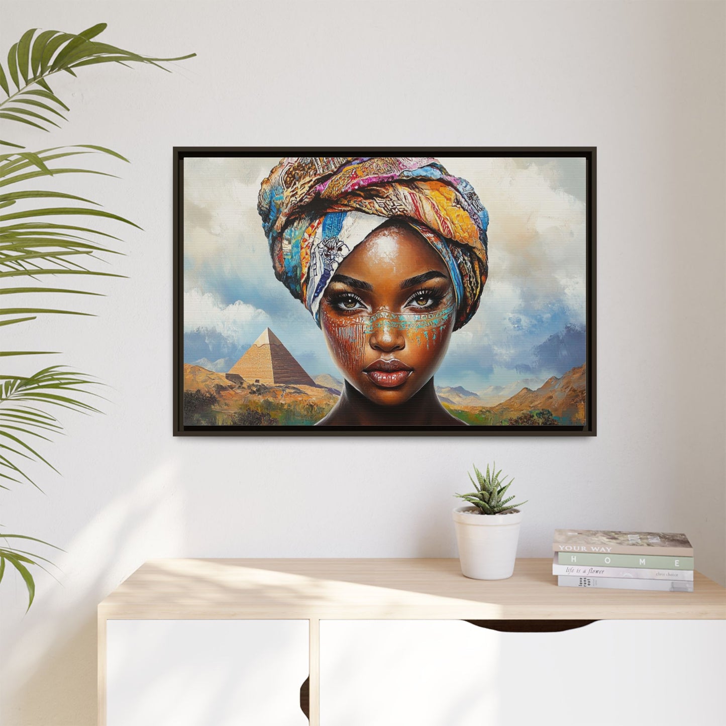 Between Pyramids and Peaks,Framed Matte Canvas Art, African Woman Decor, Unique Wall Art, Boho Home Decor, Gift for Culture Enthusiasts