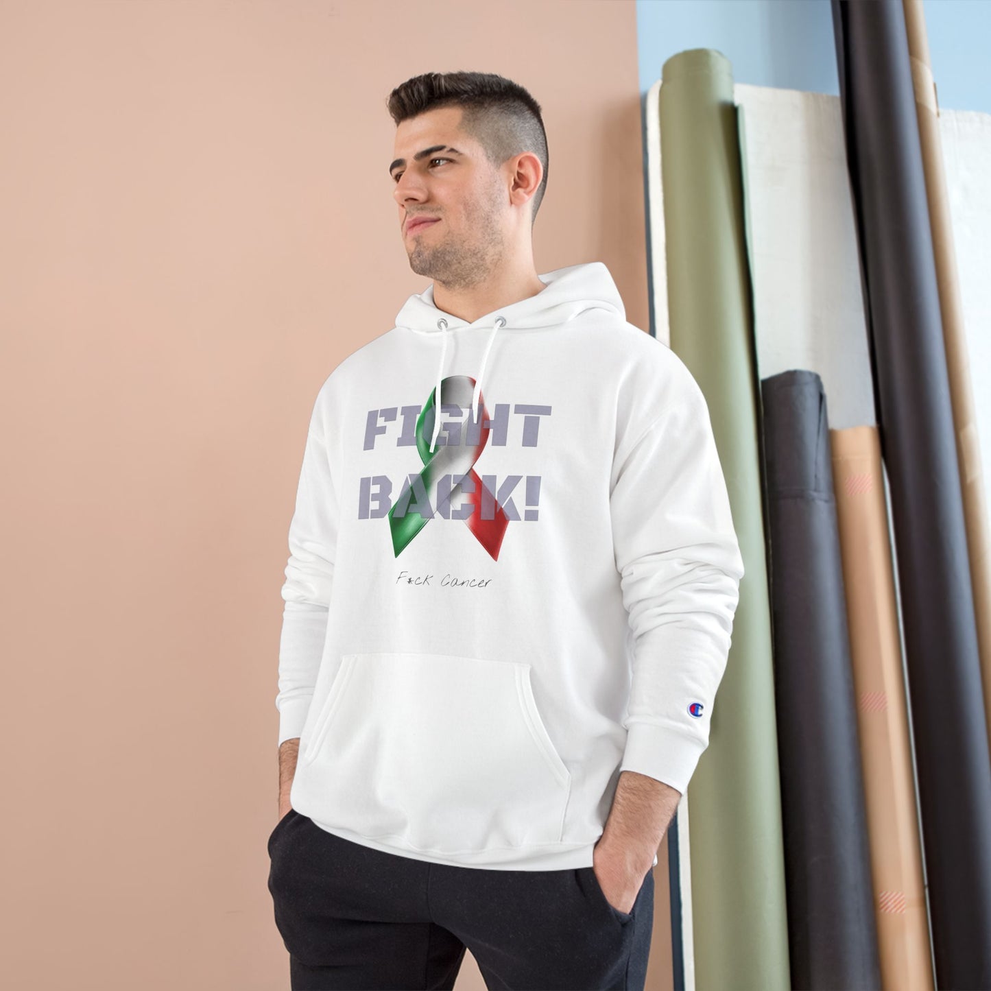 Champion branded, "Fight Back!" F*ck Cancer | Vernett Rose Italy edition | Cancer Awareness Ribbon Pullover