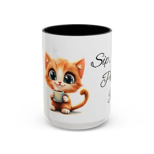 Cute Cat Coffee Mug - Sip, Purr, Repeat, Gift for Cat Lovers, Cozy Beverage Mug, Fun Office Decor, Cat Mom Gift, Animal Lover Cup