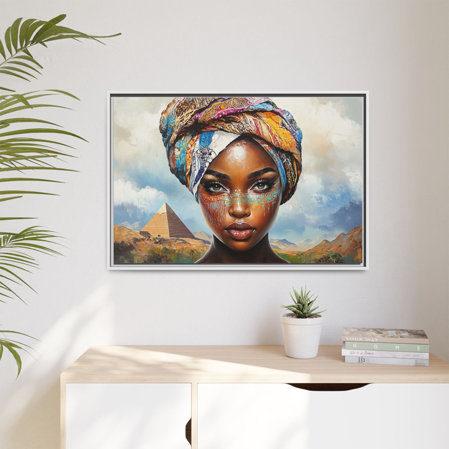 Between Pyramids and Peaks,Framed Matte Canvas Art, African Woman Decor, Unique Wall Art, Boho Home Decor, Gift for Culture Enthusiasts