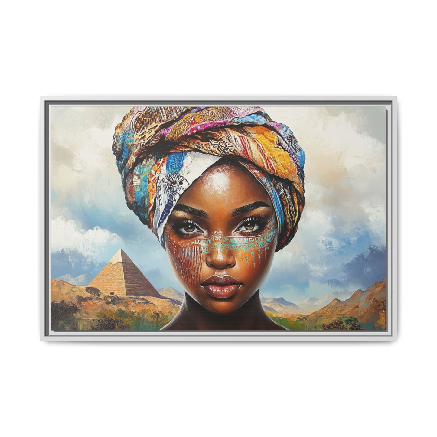 Between Pyramids and Peaks,Framed Matte Canvas Art, African Woman Decor, Unique Wall Art, Boho Home Decor, Gift for Culture Enthusiasts