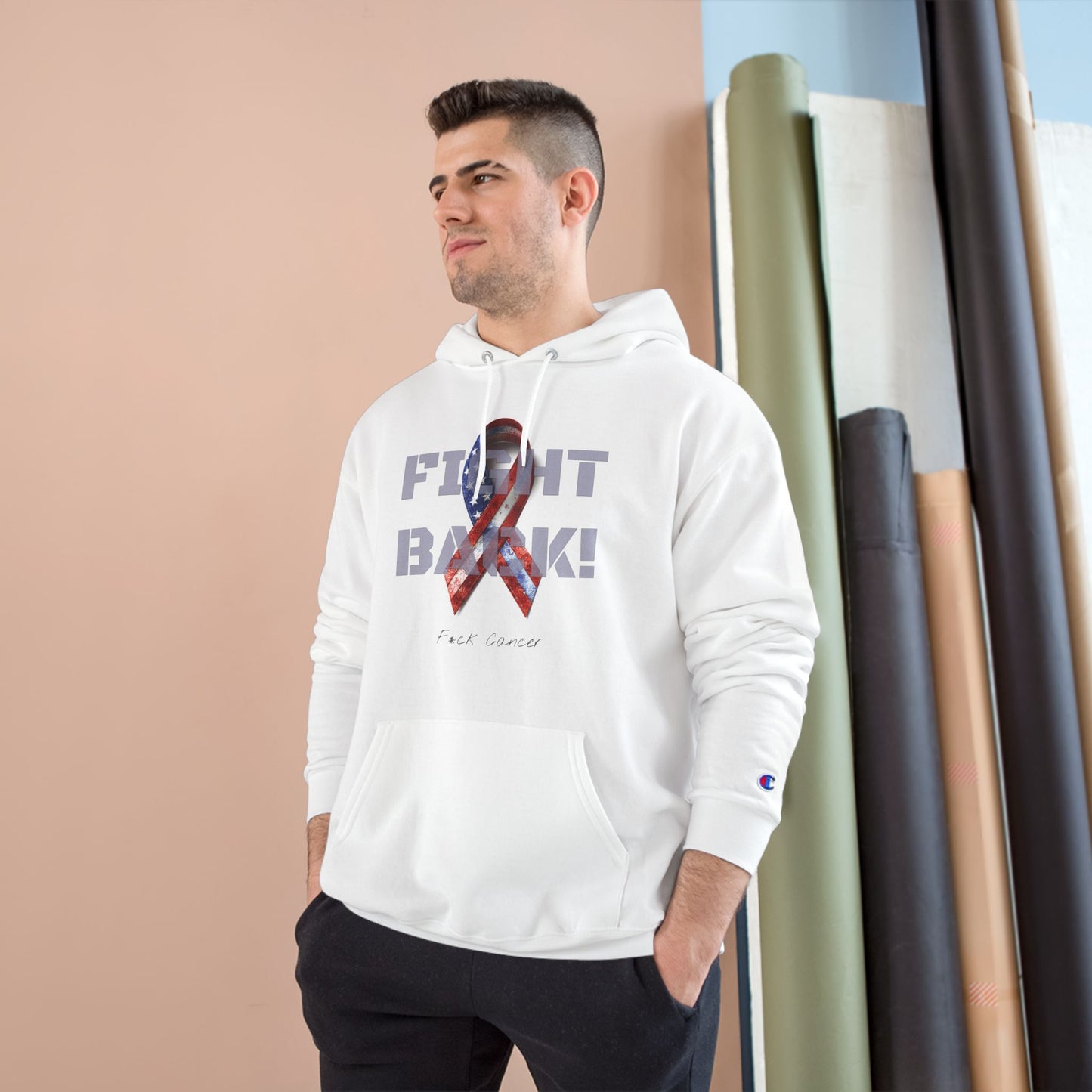 Champion branded, "Fight Back!" Vernett Rose AM Ribbon hoodie | Cancer Awareness Ribbon Pullover