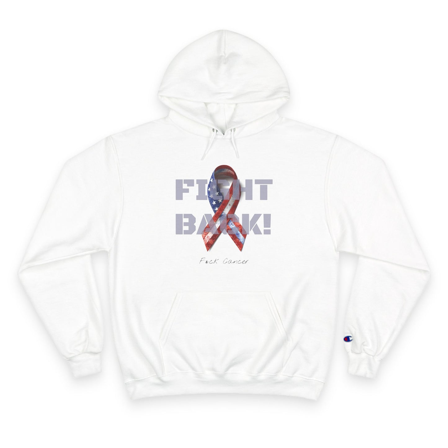 Champion branded, "Fight Back!" Vernett Rose AM Ribbon hoodie | Cancer Awareness Ribbon Pullover