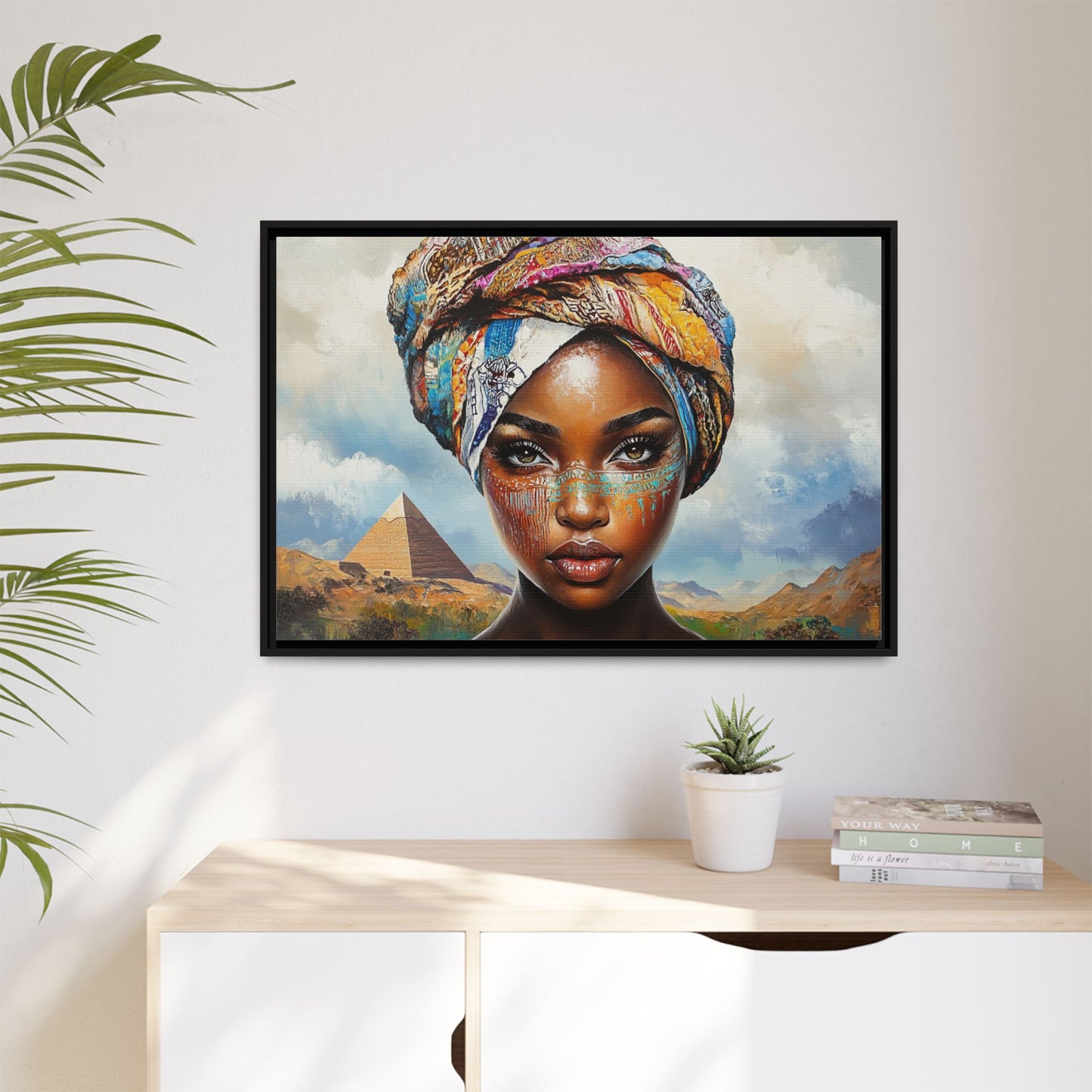 Between Pyramids and Peaks,Framed Matte Canvas Art, African Woman Decor, Unique Wall Art, Boho Home Decor, Gift for Culture Enthusiasts