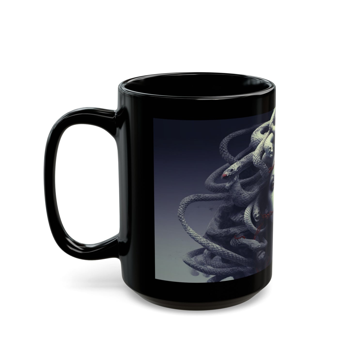 Medusa | Snakes| Medusa Art | Stone Gaze-Black Mug, 15oz